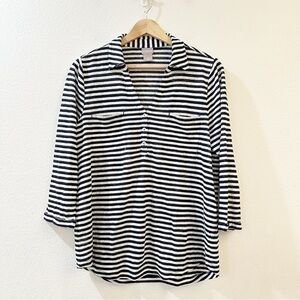Chico's 100% Linen 3/4 Sleeve Stripe V-neck Blouse Size M Classic‎ Navy